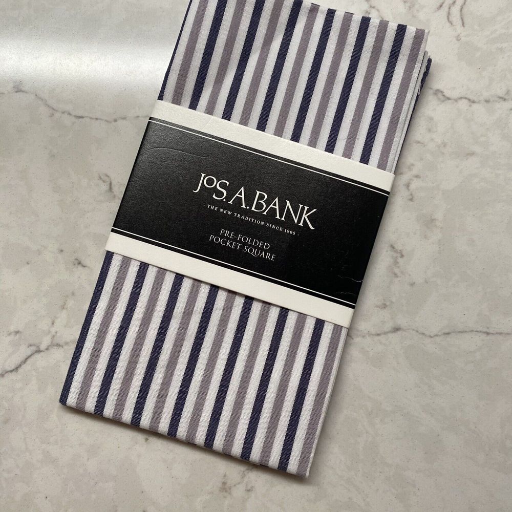 Jos A Bank Pre Folded Pocket Square Black Gray Stripe Cotton Handkerchief Hanky
